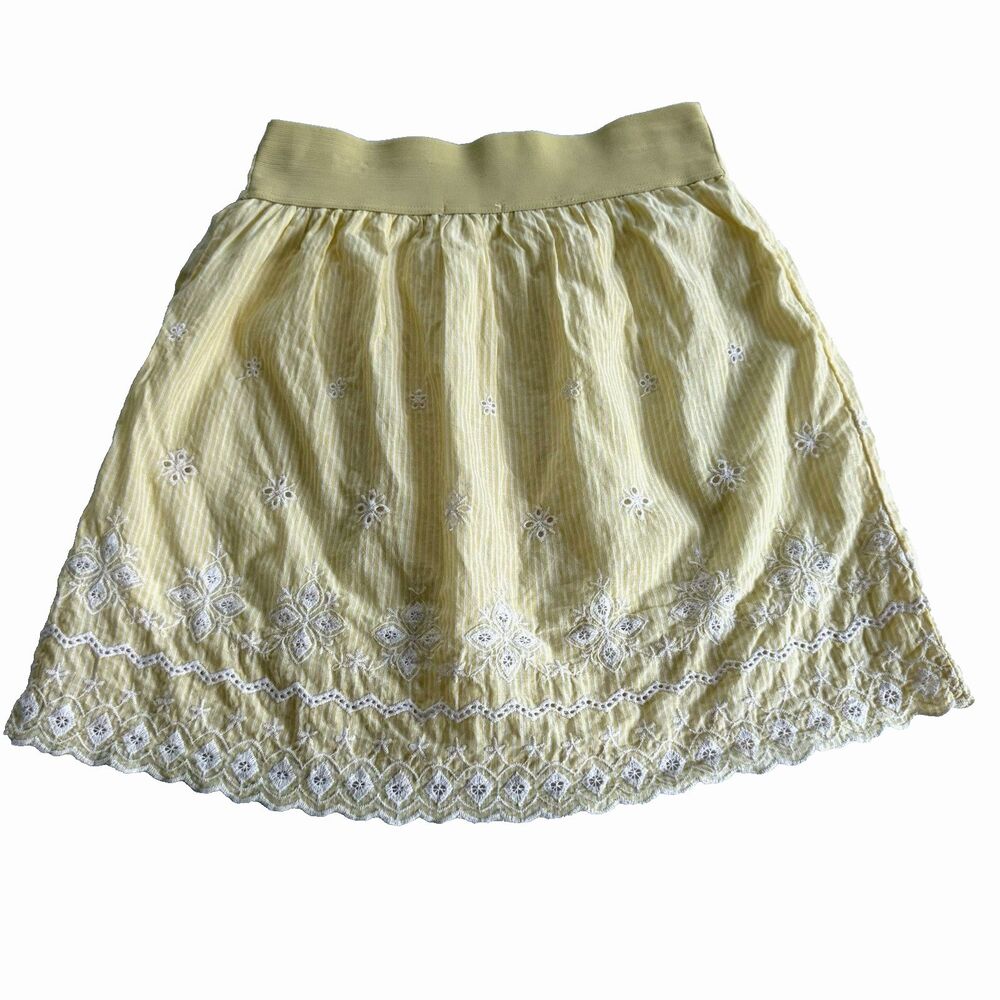 Maurices S Skater A-Line Skirt Yellow Striped Eyelet Lace Cotton Lined Summer